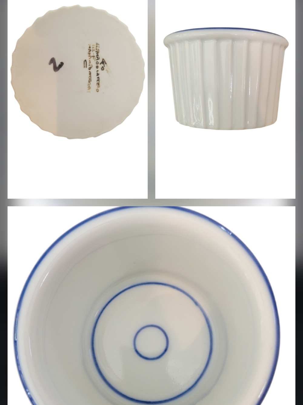 3/$20 - Portuguese White Ribbed Ceramic Ramekin with Blue Rim
